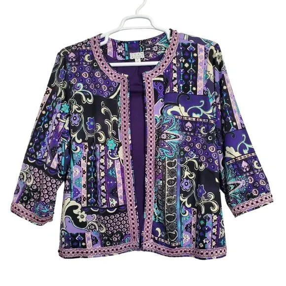 Joan Rivers Size 2X Jacket Collarless Open Floral Lace Trim Jersey Knit Lined - Picture 2 of 10